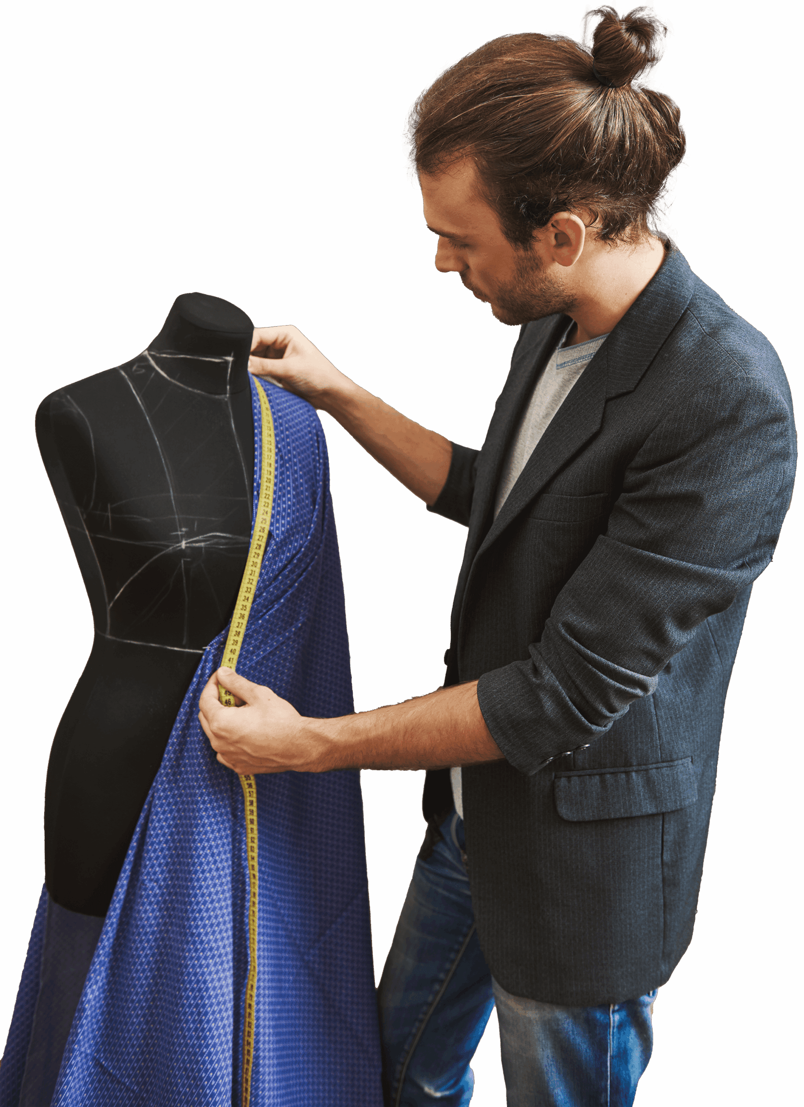 A tailor measuring blue fabric on a mannequin for custom clothing design at Asil Fabric.